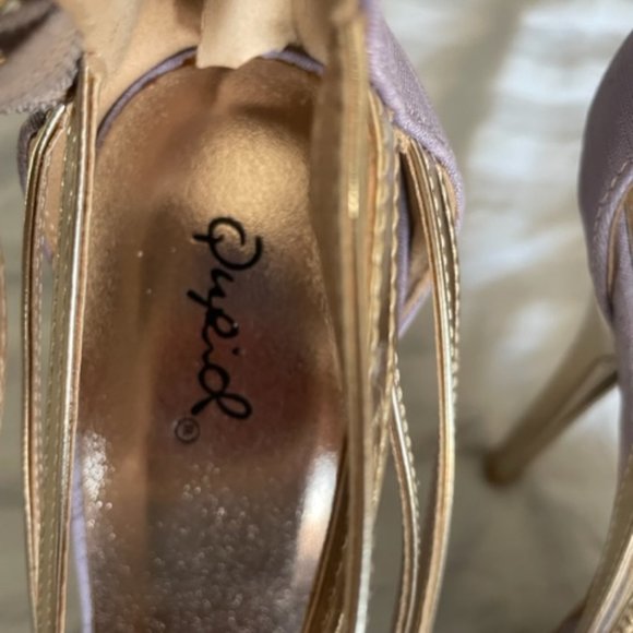 Qupid Canvas Sexy Peep Toe Killer Heels in Lavender gold Platform Size 7 1/2 - Picture 13 of 16